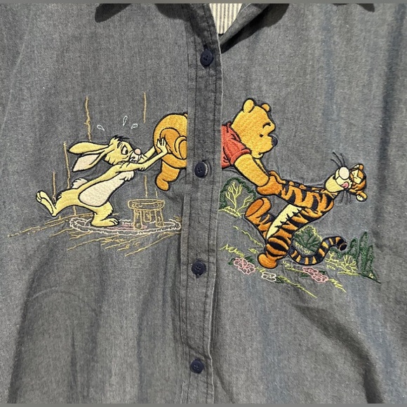Vintage Winnie The Pooh Button Down Denim Shirt Embroidered Tigger Pooh Rabbit - Picture 2 of 6